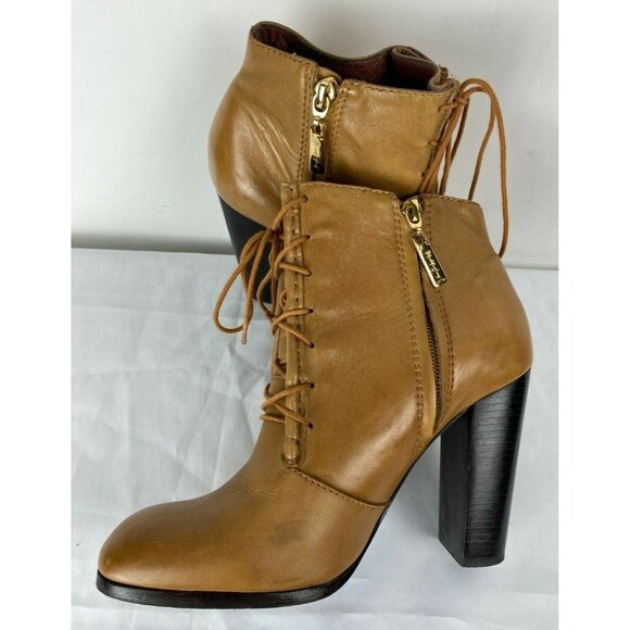 ELIZABETH AND JAMES Light Cognac Brown Leather Lace Up Side Zip Boots Heels Sz 8 - Picture 6 of 9